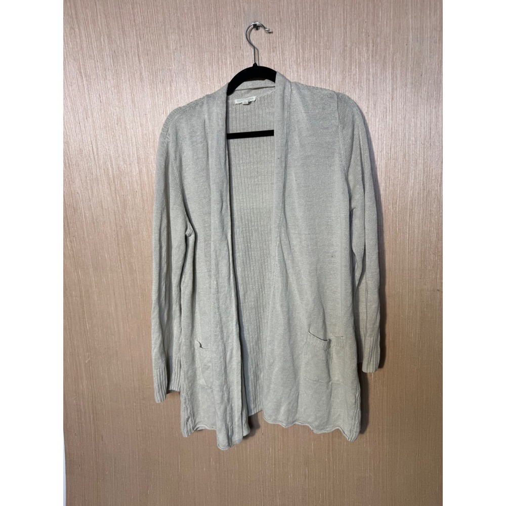 Eileen Fisher Womens XL Organic Linen Ribbed Open Front Cardigan Beige Scalloped
